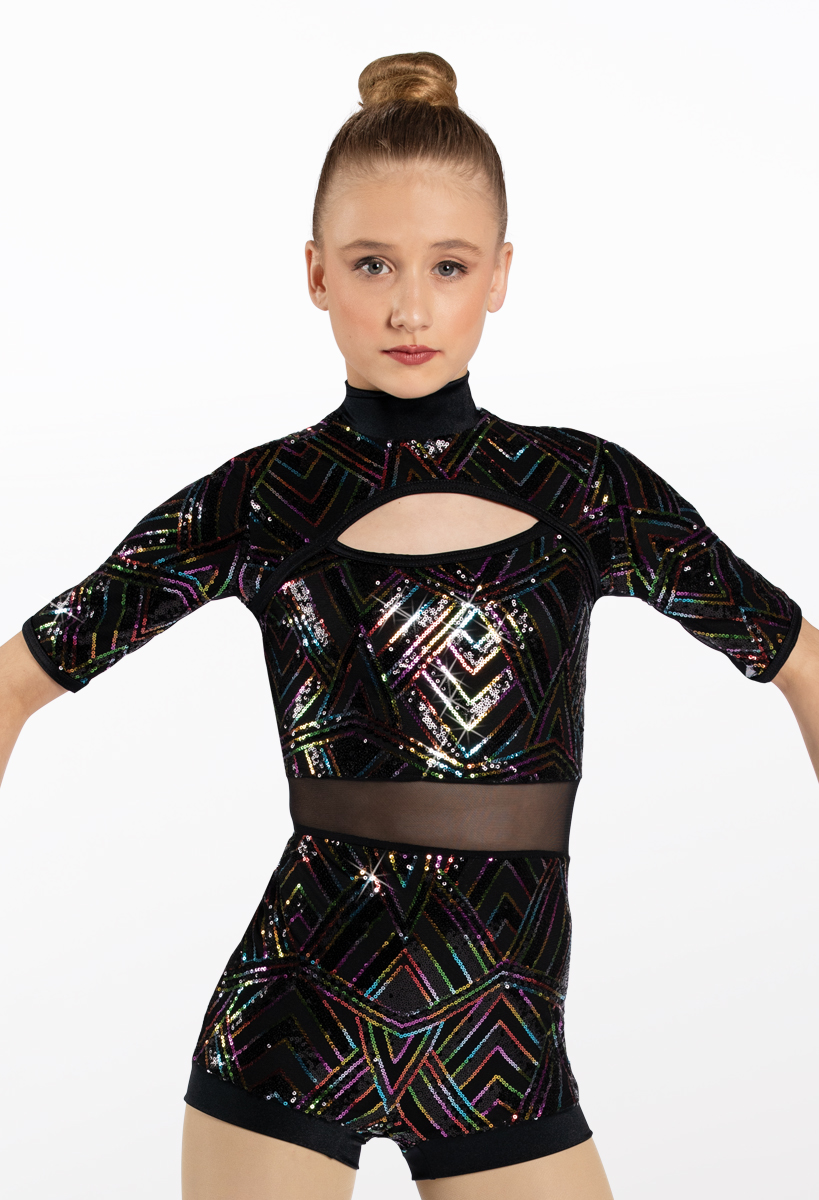 WEISSMAN Dance jazz store Costume black silver gold sequin biketard 11731 Child IC