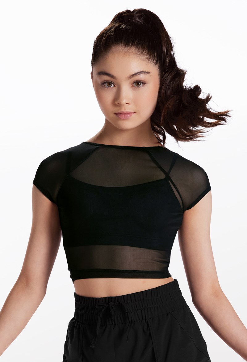 PowerSoft 2-in-1 Mesh-Sleeve Cropped Top