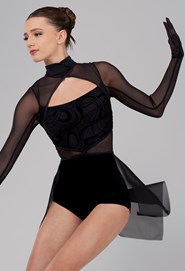 unique design!single one shoulder black applique two tone sheer mesh panel  side illusion long sleeves