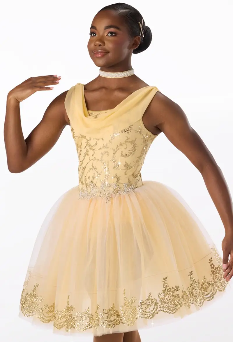 gold ballroom dress Glitter Tulle & Mesh Cowl Dance child:White Sprinkle Sequins