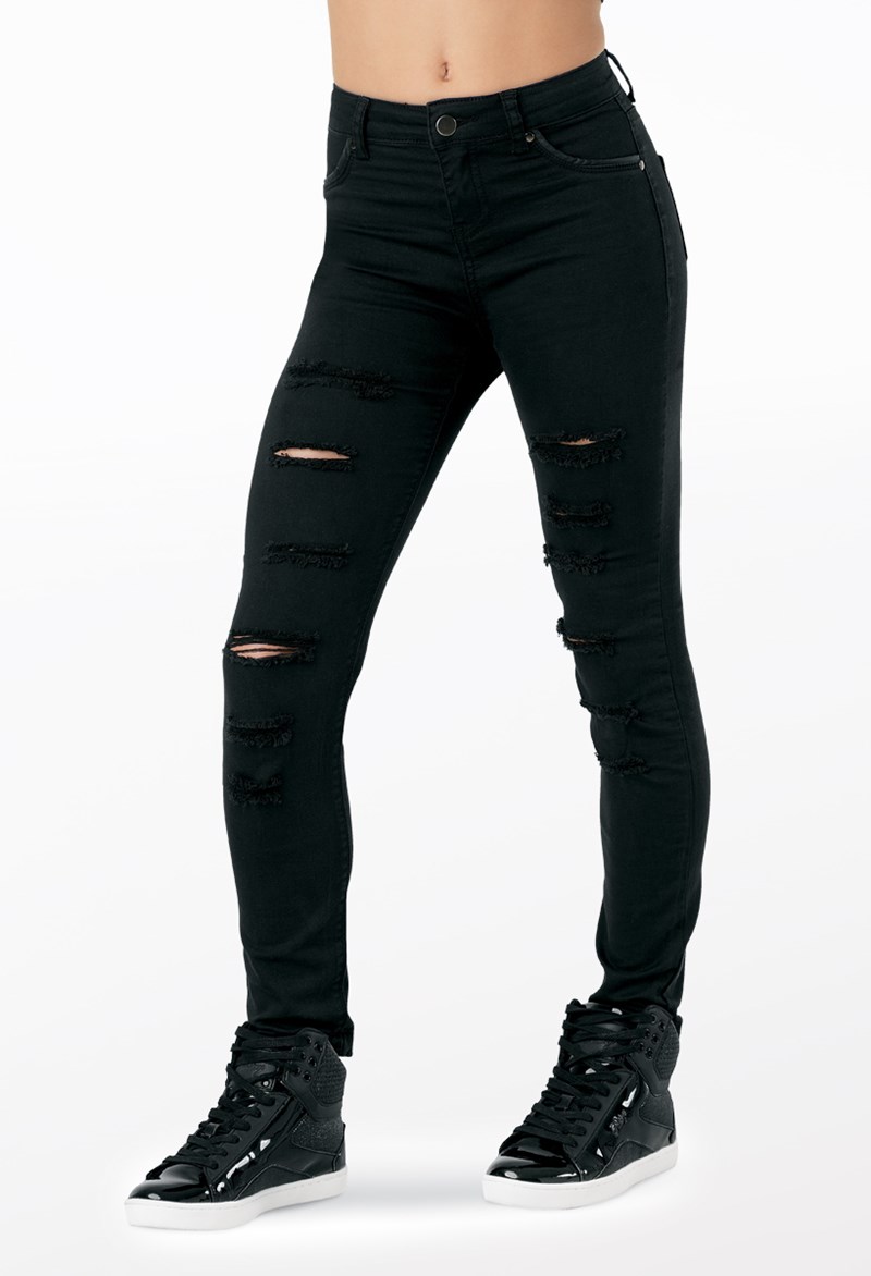 High Rise Ripped Skinny Jeans, Solid Black Distressed Stretchy Slash Pocket  Denim Pants, Women's Denim Jeans & Clothing